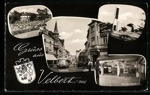 AK Velbert /Rhld., Ortsansichten, St. Paulus, Schlossmuseum, Freibad, Stadtmitte