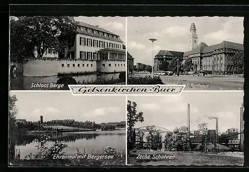 AK Gelsenkirchen-Buer, Schloss Berge, Rathaus, Ehrenmal mit Bergersee, Zeche Scholven