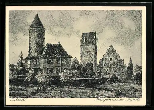 Künstler-AK Dinkelsbühl, Nördlingertor v. aussen, Stadtmühle