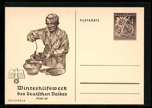 AK WHW Winterhilfswerk, Köchin beim Portionieren von Suppe, Ganzsache