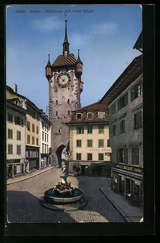 AK Baden, Stadtturm mit Hotel Engel und Brunnen