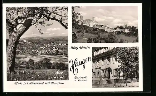 AK Haagen, Ortsansichten, Blick ins Wiesental mit Haagen, Gasthaus z. Krone