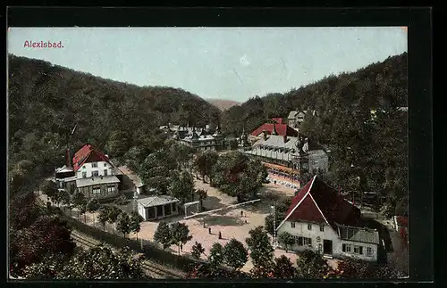 AK Alexisbad, Ortsansicht mit Bahngleisen aus der Vogelschau