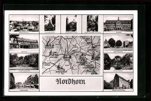 AK Nordhorn, Ortskarte, Rathaus, Bahnhof, Hauptsrasse