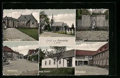 AK Ostenfelde, Schlossansicht, Kath. Kirche, Ehrenmal, Dorfpartie, Evgl. Kirche, Volksschule