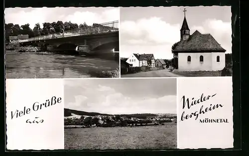 AK Niederbergheim /Möhnetal, Ortsansicht mit Kirche und Brücke