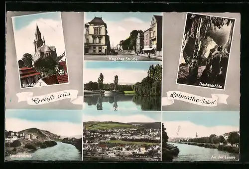 AK Letmathe /Sauerland, Stadtkirche, Dechenhöhle u. Hagener Strasse