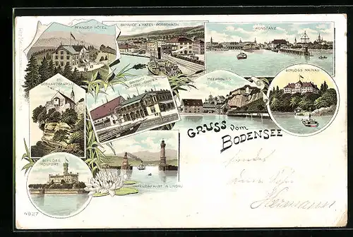 Lithographie Konstanz, Bodensee, Schloss Mainau, Meersburg