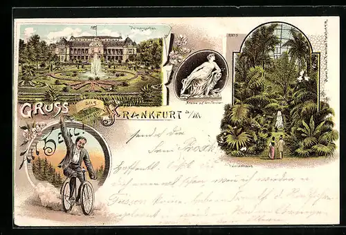 Lithographie Frankfurt-Westend, Restaurant Gesellschaftshaus im Palmengarten, Ariadne auf dem Panther, Rasender Radler