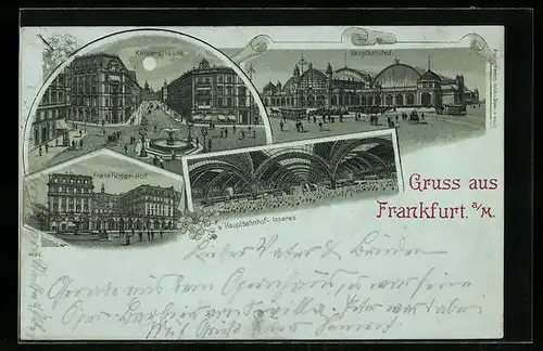 Lithographie Frankfurt a. M., Kaiserstrasse, Hauptbahnhof und Hotel Frankfurter Hof