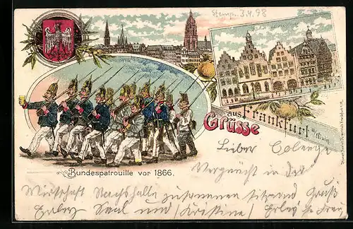 Lithographie Alt-Frankfurt, Römer und alte Häuser, Bundespatrouille vor 1866, Wappen