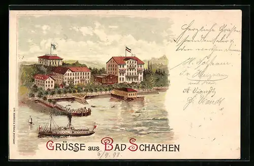 Lithographie Bad Schachen, Uferpartie mit Hotel
