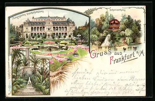 Lithographie Frankfurt-Sachsenhausen, Schweizerhaus, Palmengarten Gesellschaftshaus, Inneres Palmenhaus