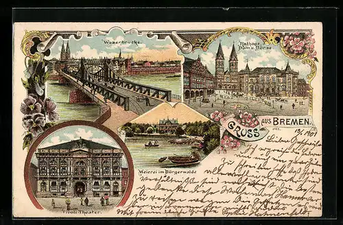 Lithographie Bremen, Partie an der Weserbrücke, Rathaus, Dom
