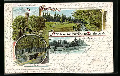 Lithographie Barsinghausen, alte Taufe, Nordmannsturm u. Achtlindenturm im Deisterwalde