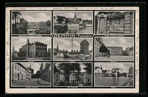 AK Demmin-Pommern, Hafen, Ost-Kaserne u. Bahnhof v. Ulanen-Denkmal