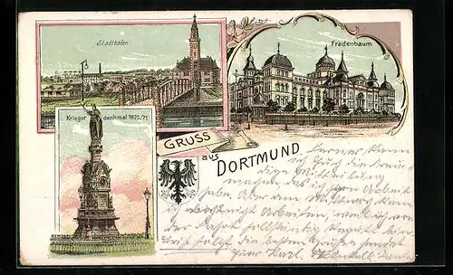 Lithographie Dortmund, Stadthafen, Fredenbaum u. Krieger-Denkmal