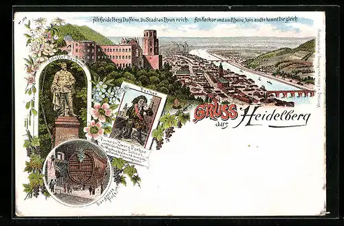 Lithographie Heidelberg, Scheffer Denkmal, Das grosse Fass, Perkeo