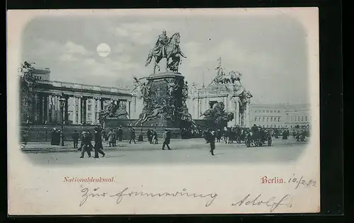 Mondschein-AK Berlin, Nationaldenkmal und Passanten