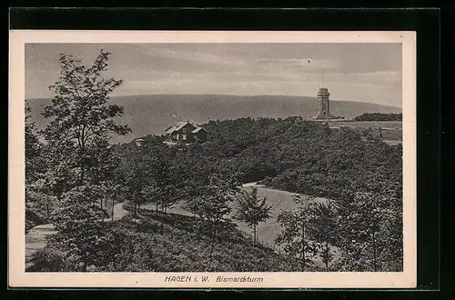 AK Hagen i. W., Blick auf die Bismarckturm vom Waldrand aus gesehen