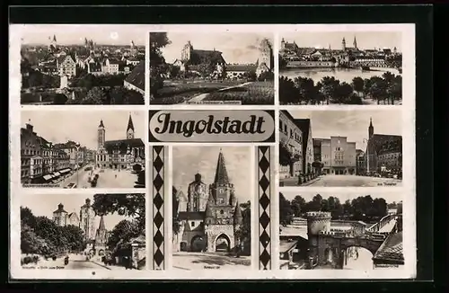 AK Ingolstadt, Partie a. d. Stadtmauer mit Taschenturm, Kreuztor, Donaubrücke