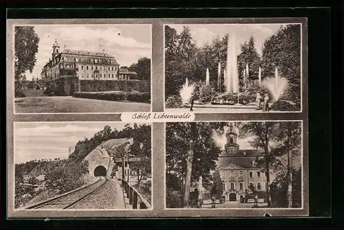 AK Lichtenwalde, Schloss, Fontänen im Park, Eisenbahntunnel