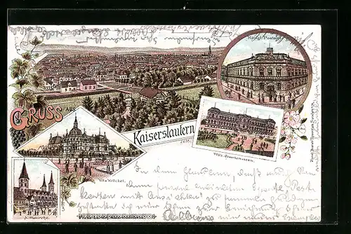 Lithographie Kaiserslautern, Stiftskirche, Postamt, Gewerbemuseum