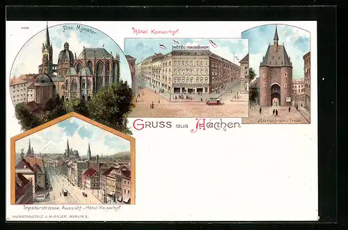 Lithographie Aachen, Hotel Kaiserhof, Münster, Theaterstrasse, Aussicht v. Hotel Kaiserhof, Marschler-Tor
