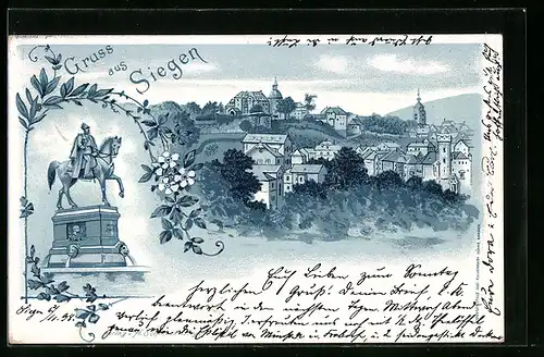 Lithographie Siegen, Ortsansicht mit Denkmal