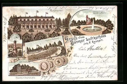 Vorläufer-Lithographie Barmen, 1895, Luftkurhaus, Toelle-Thurm, Garten und Ruine