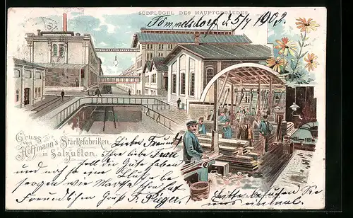 Lithographie Salzuflen, Hoffmanns Stärkefabriken, Südflügel des Hauptgebäudes und Holz-Bearbeitung