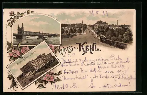 Lithographie Kehl am Rhein, Grossherzog Friedrich-Kaserne, Brücke, Ortsansicht