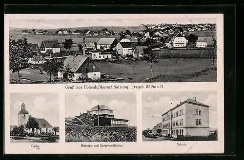 AK Satzung /Erzgeb., Ortsansicht, Kirche, Schule, Hirtstein mit Unterkunftshaus