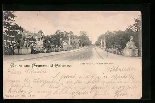 AK Berlin-Grunewald-Halensee, Bismarck-Allee mit Brücke