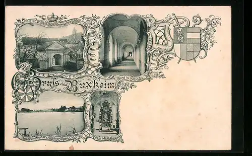 Lithographie Buxheim, unterer Weiher, gräfl. Waldbott, Gang im Schloss, Altar in der Schlosskirche