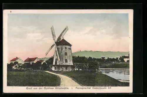 AK Gohlis, Ortsansicht mit Windmühle