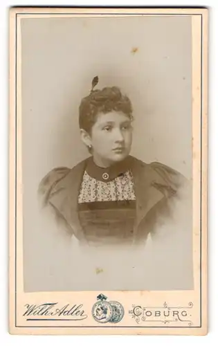 Fotografie Wilh. Adler, Coburg, Allée 6, Junge Dame mit Stirnlocken, Brosche und Puffärmeln