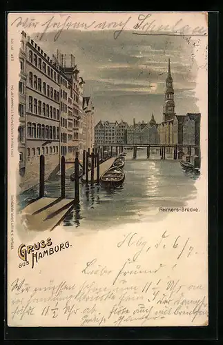 Lithographie Hamburg, Partie an der Reimers-Brücke