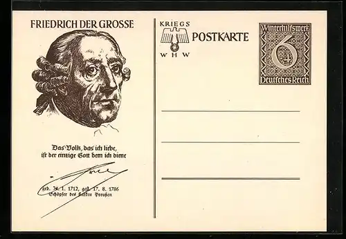 AK Friedrich der Grosse WHW Winterhilfswerk, Ganzsache
