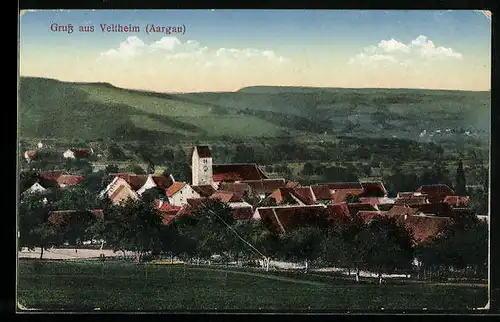 AK Veltheim, Teilansicht mit Kirche und Blick ins Land