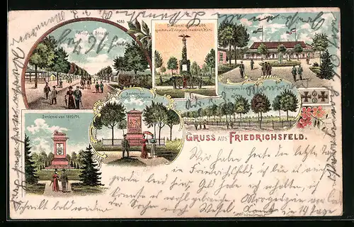 Lithographie Friedrichsfeld, Denkmal von 1864 und 56 gestiftet v. d. Prinzessin Friedrich Karl, Wilhelm-Strasse