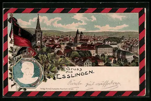 Präge-Lithographie Esslingen, Ortsansicht und Portrait von Wilhelm II.