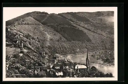AK Hirschhorn, Ortsansicht mit Berg und Fluss