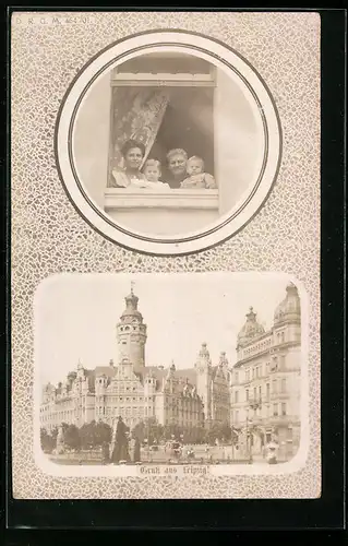 AK Leipzig, Prachtbauten, Drei Generationen einer Familie am Fenster