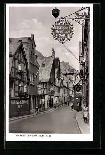 AK Bacharach am Rhein, Oberstrasse mit Gartenbaubetrieb Bungert und Café