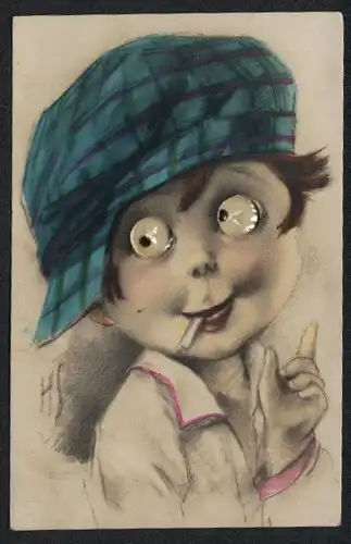 Glasaugen-Künstler-AK H.S.: Knabe mit Kulleraugen und Schiebermütze