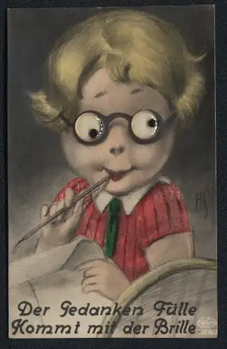 Glasaugen-Künstler-AK H.S.: Kleiner Schriftsteller mit Kulleraugen und Brille