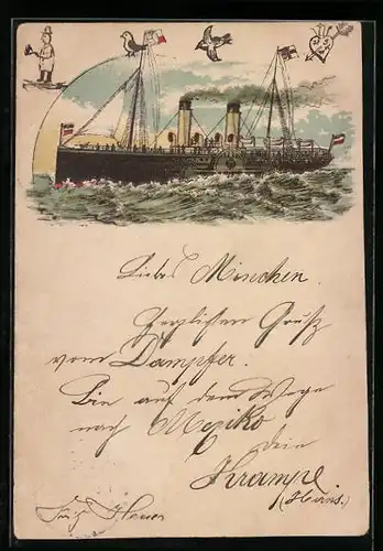 Lithographie Schaufelraddampfer auf See, Passagierschiff