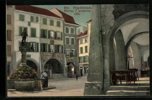 AK Biel, Ring-Altstadt mit Brunnen