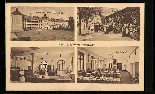 AK München-Harlaching, Städt. Sanatorium, Wandelhalle, Speisesaal, Küche